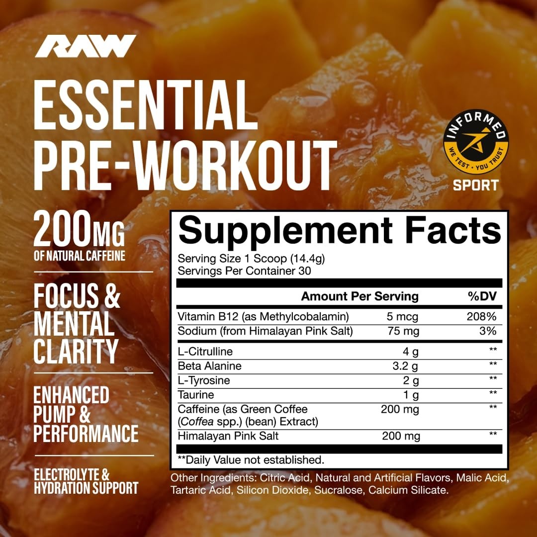Essential Pre Workout Formula – Energy Powder for Men & Women, Peach Mango Flavo