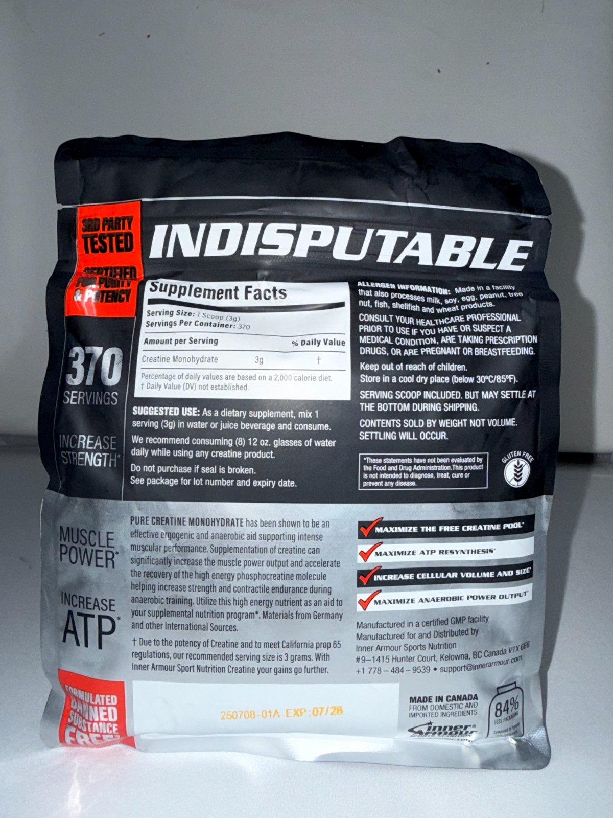 INNER ARMOUR CREATINE MONOHYDRATE 1111G 1KG UNFLAVORED PHARMA GRADE 370servings