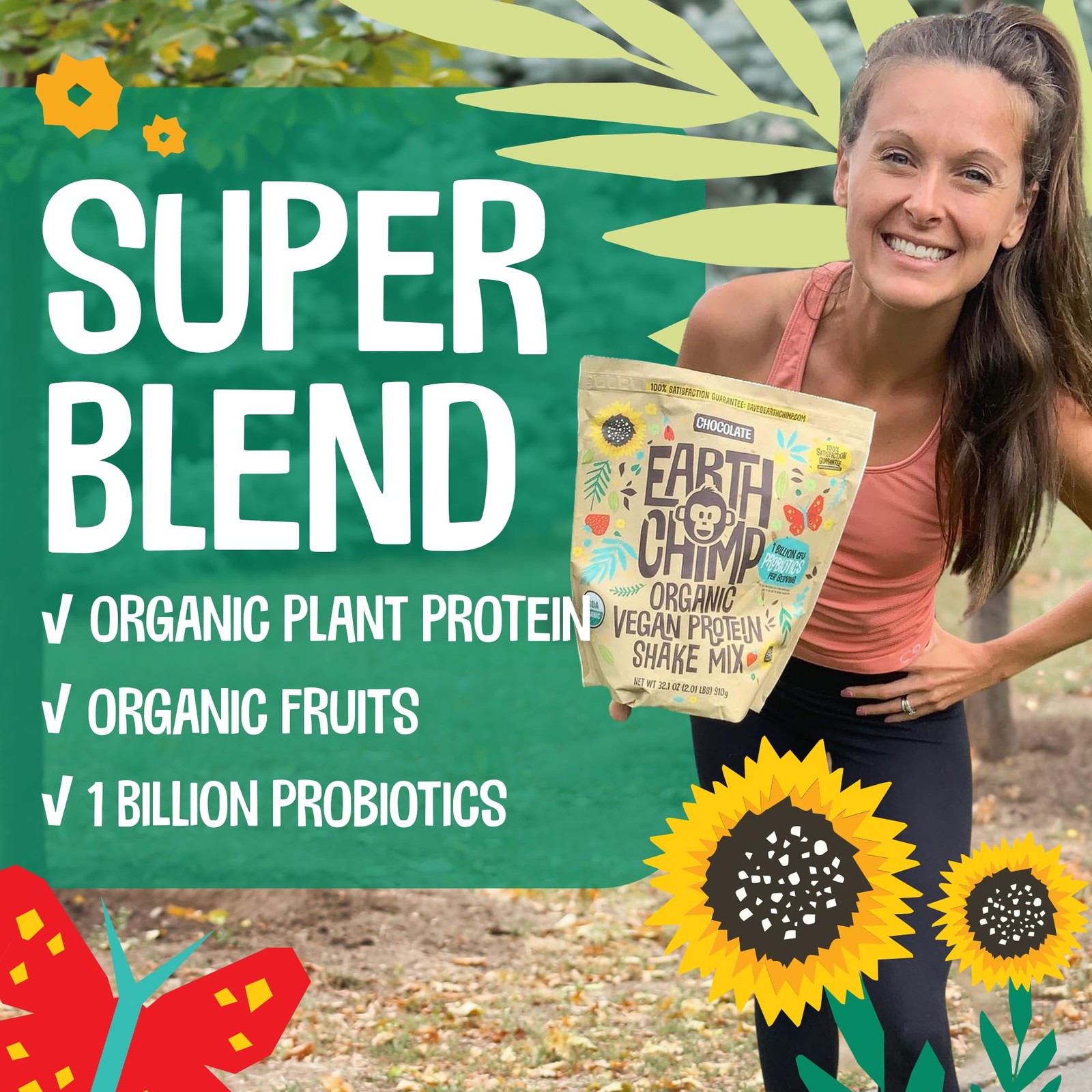 EarthChimp Organic Vegan Protein Powder with Probiotics, Non-GMO, Dairy-Free
