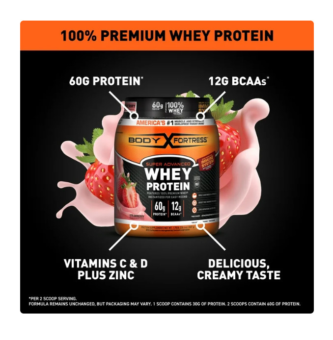 Body Fortress Super Advanced 100% Premium Whey Protein Powder, Strawberry, 60g P