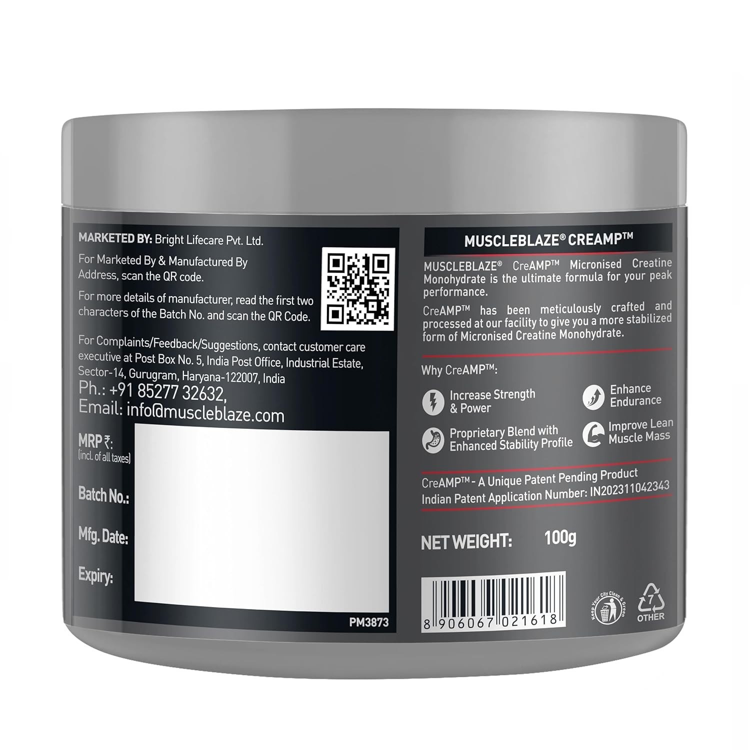 MuscleBlaze Micronised Creatine 100g Monohydrate CreAMP Powder 32 Servings