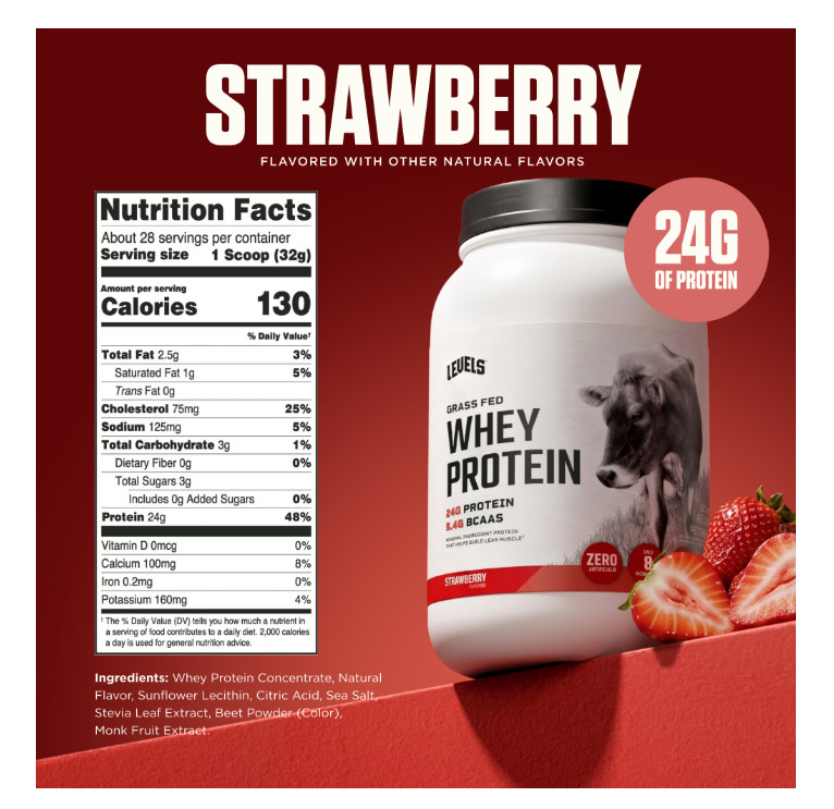 Levels Grass Fed Whey Protein Strawberry 2lb 24g Protein