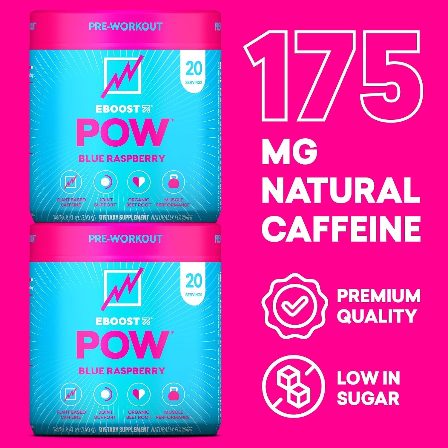 EBOOST POW Natural Pre Workout Powder, Blue Raspberry, Energy Support, 20 Servs
