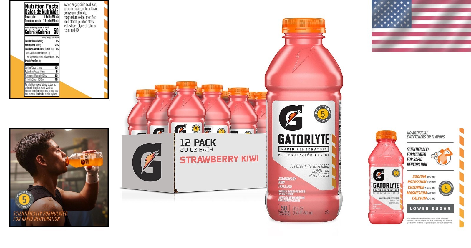 Strawberry Kiwi Gatorlyte – 20 Fl Oz, Lower Sugar Electrolyte Beverage, 12 Pack