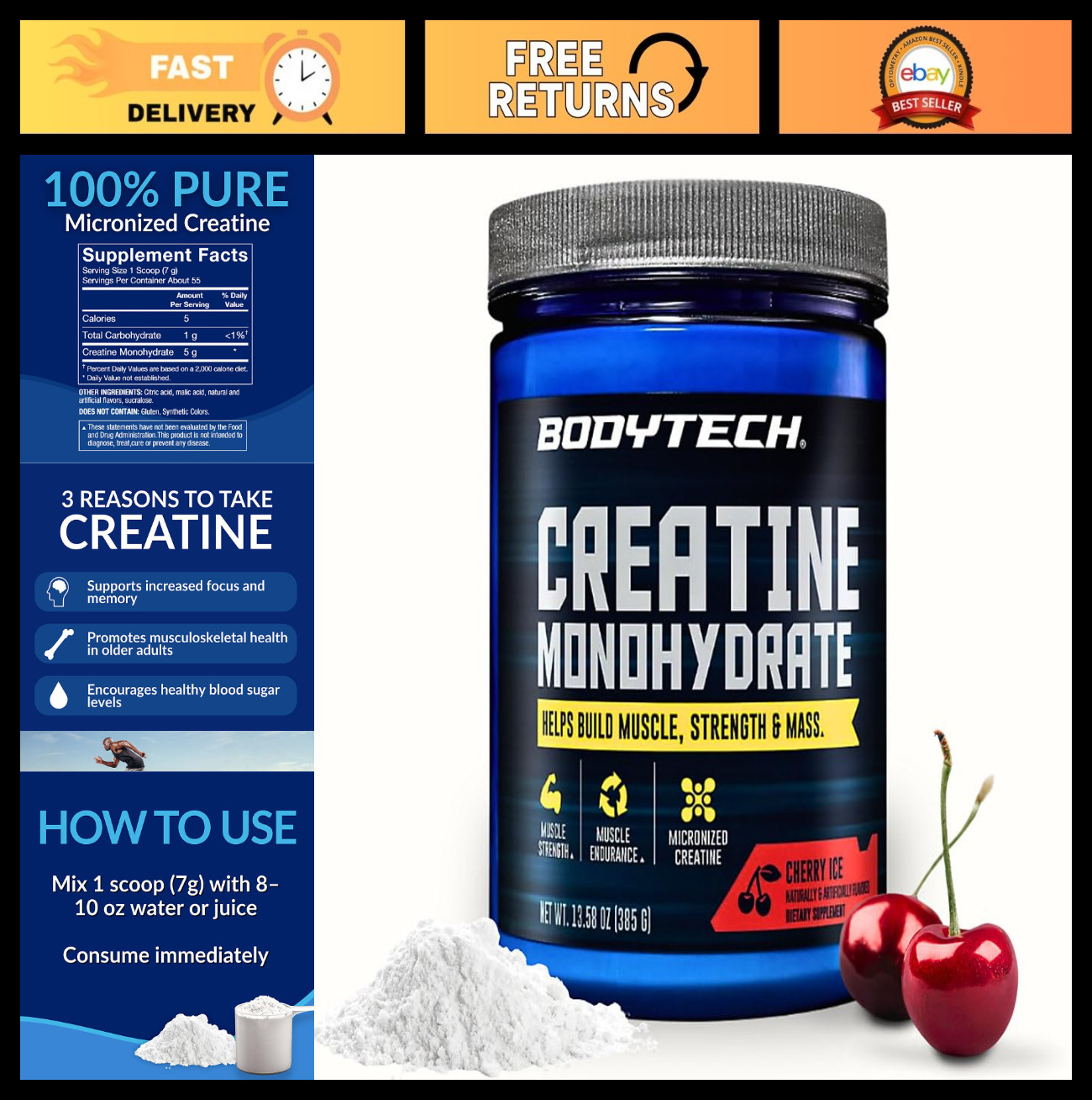 100% Pure Creatine Monohydrate Powder – Cherry Ice Flavor, 55 Servings, Muscle G