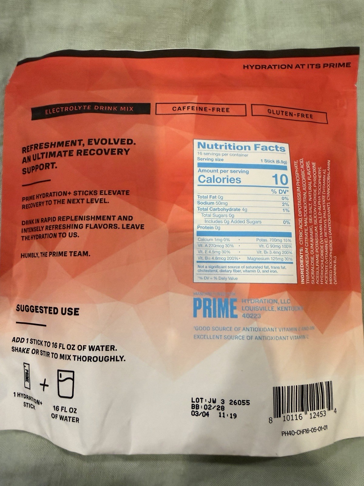 PRIME Electrolyte Hydration Powder Mix 16 Sticks Caffeine-Free Cherry Freeze