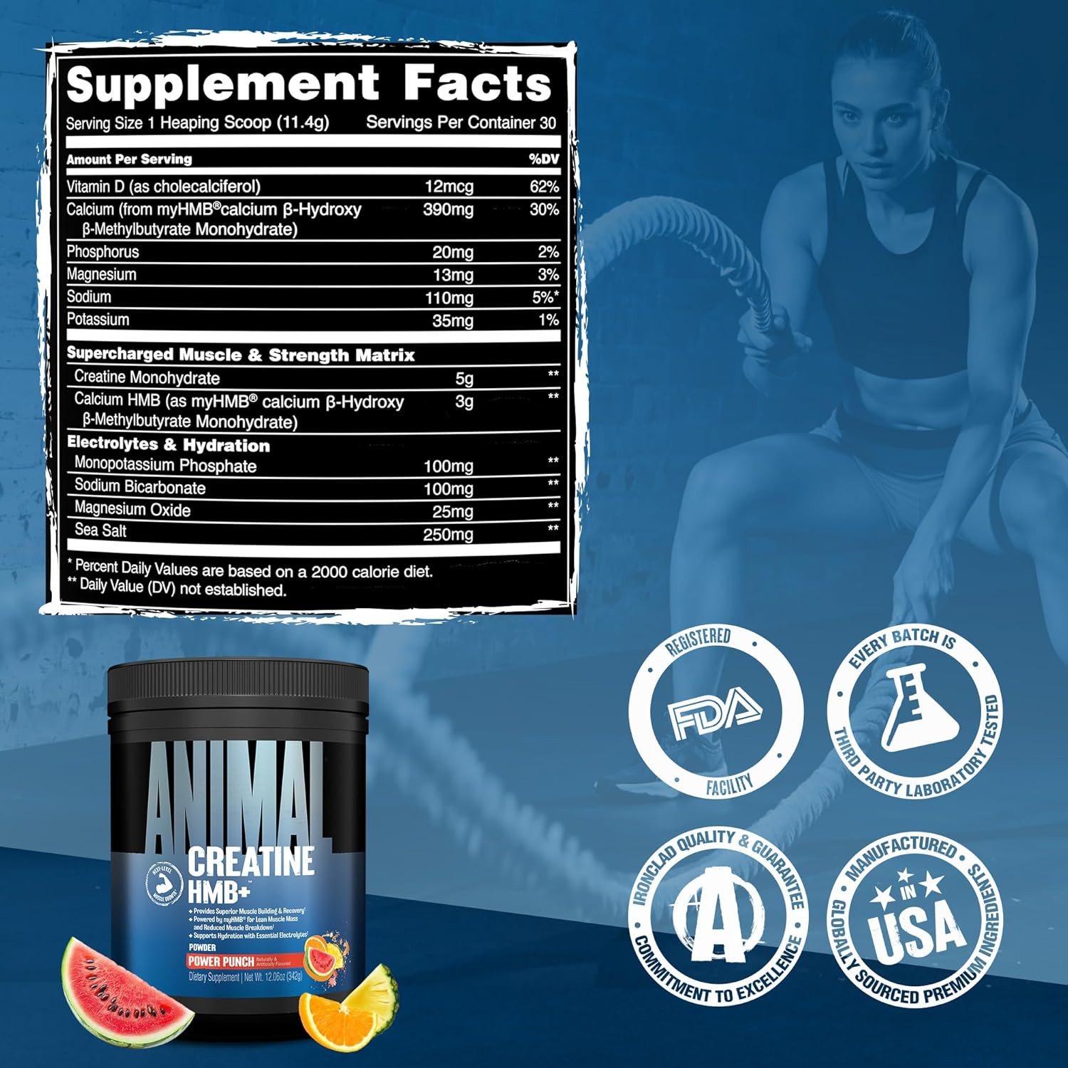 Animal Creatine HMB Powder Power Punch 30 Servings 5g Creatine + Electrolytes