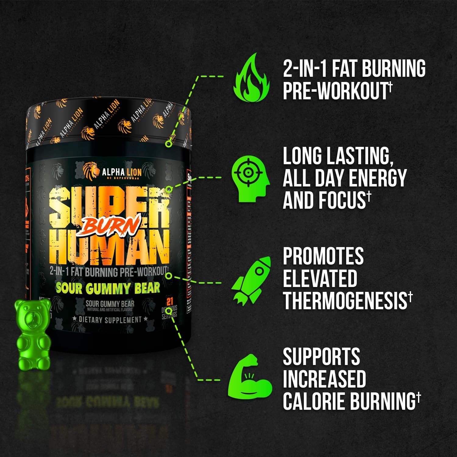 Alpha Lion SuperHuman Burn Hulk Juice – Sour Gummy Bear 10.96 oz (Pack of 2)