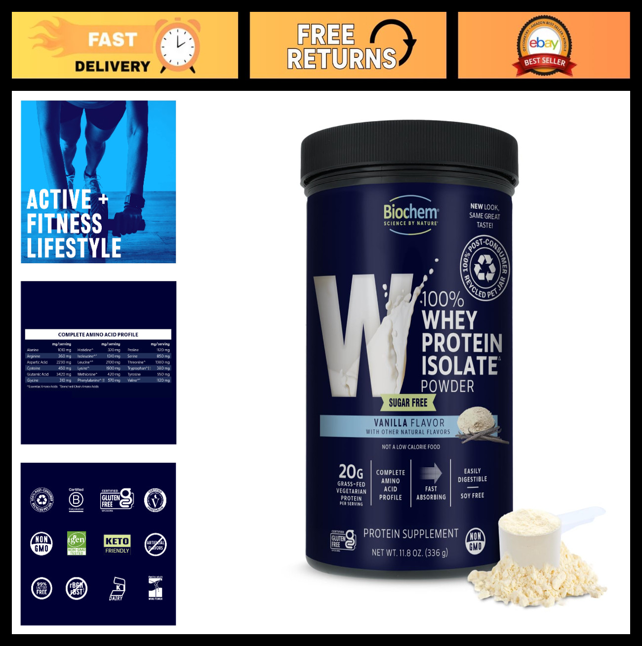 Sugar Free Vanilla Whey Protein Powder, 11.8 oz – Low Carb, High Protein Supplem