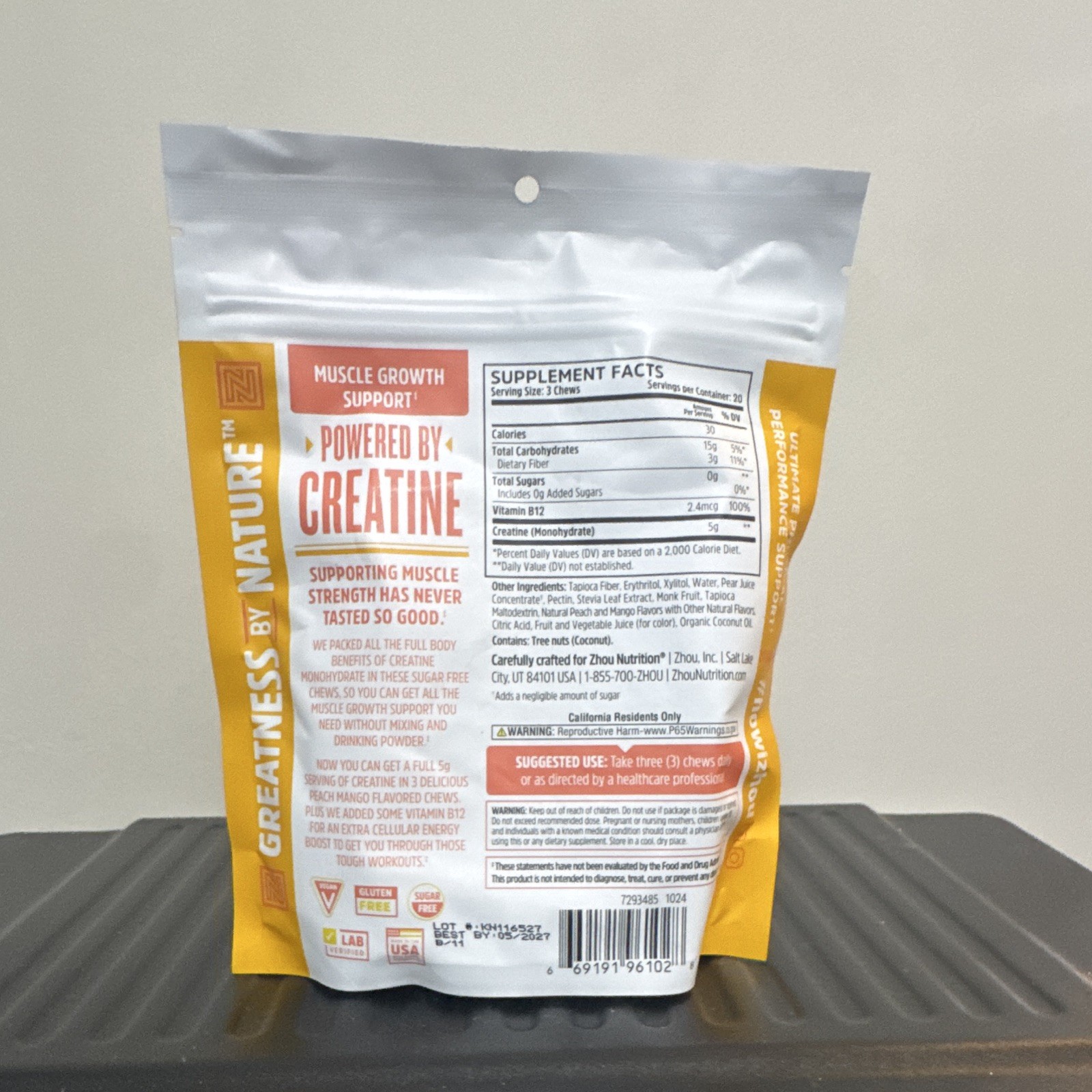 ZHOU Creatine Monohydrate Chews Peach Mango 60ct Vegan Sugar Free 5g