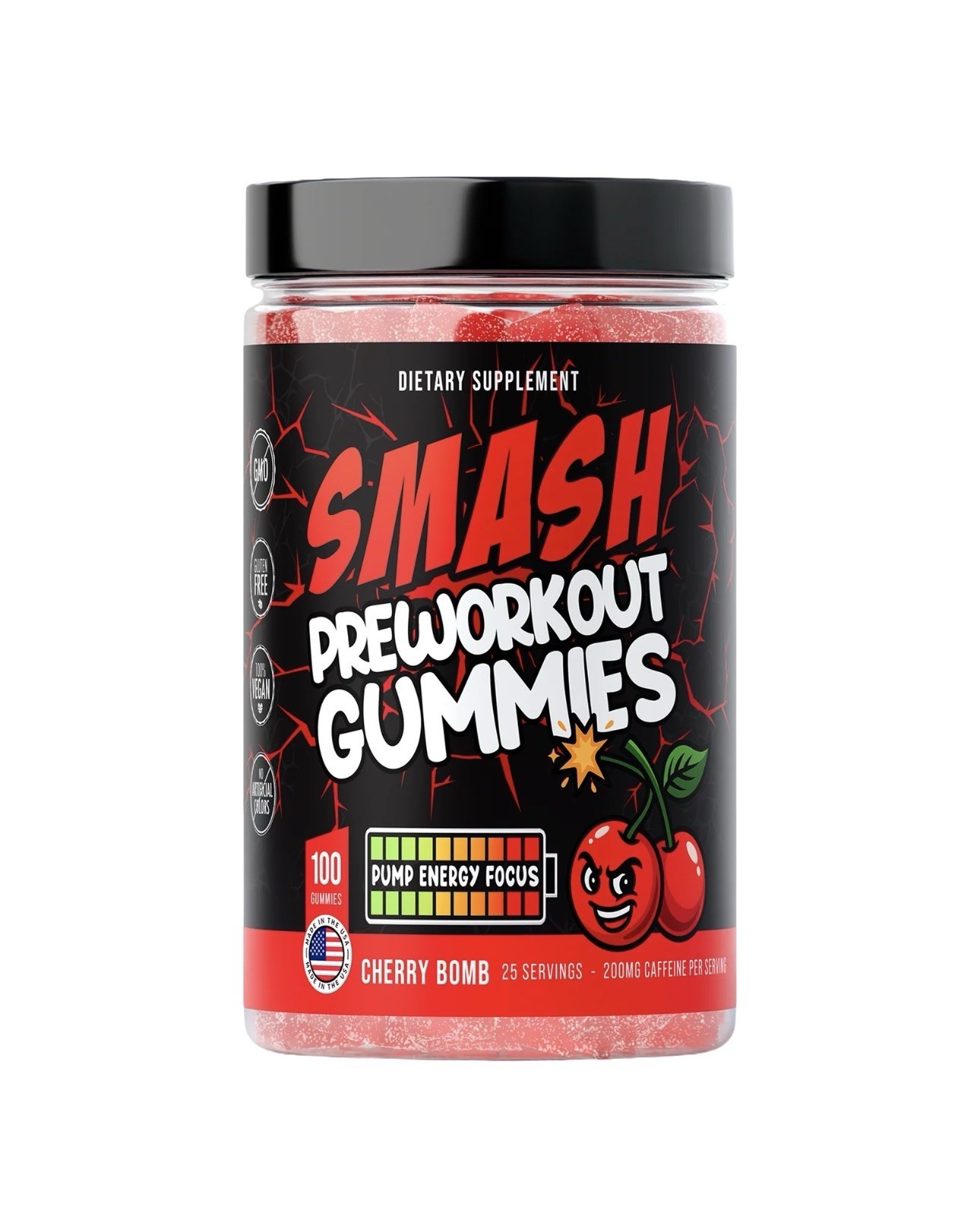 Smash Pre Workout Gummies Cherry Bomb 25 Servings Seal Pack
