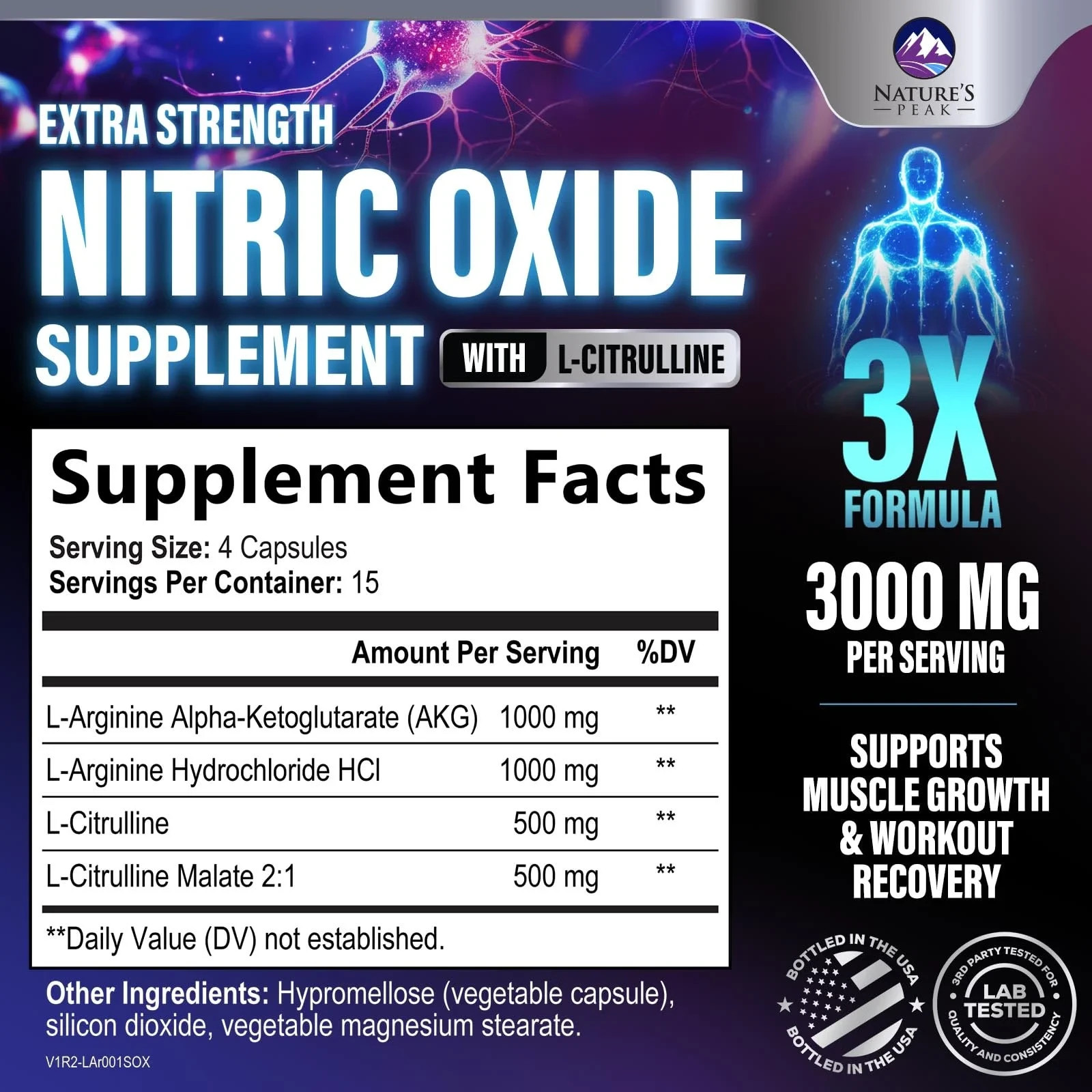 Nitric Oxide Booster 3000mg L-Arginine 3X Extra Strength Capsules