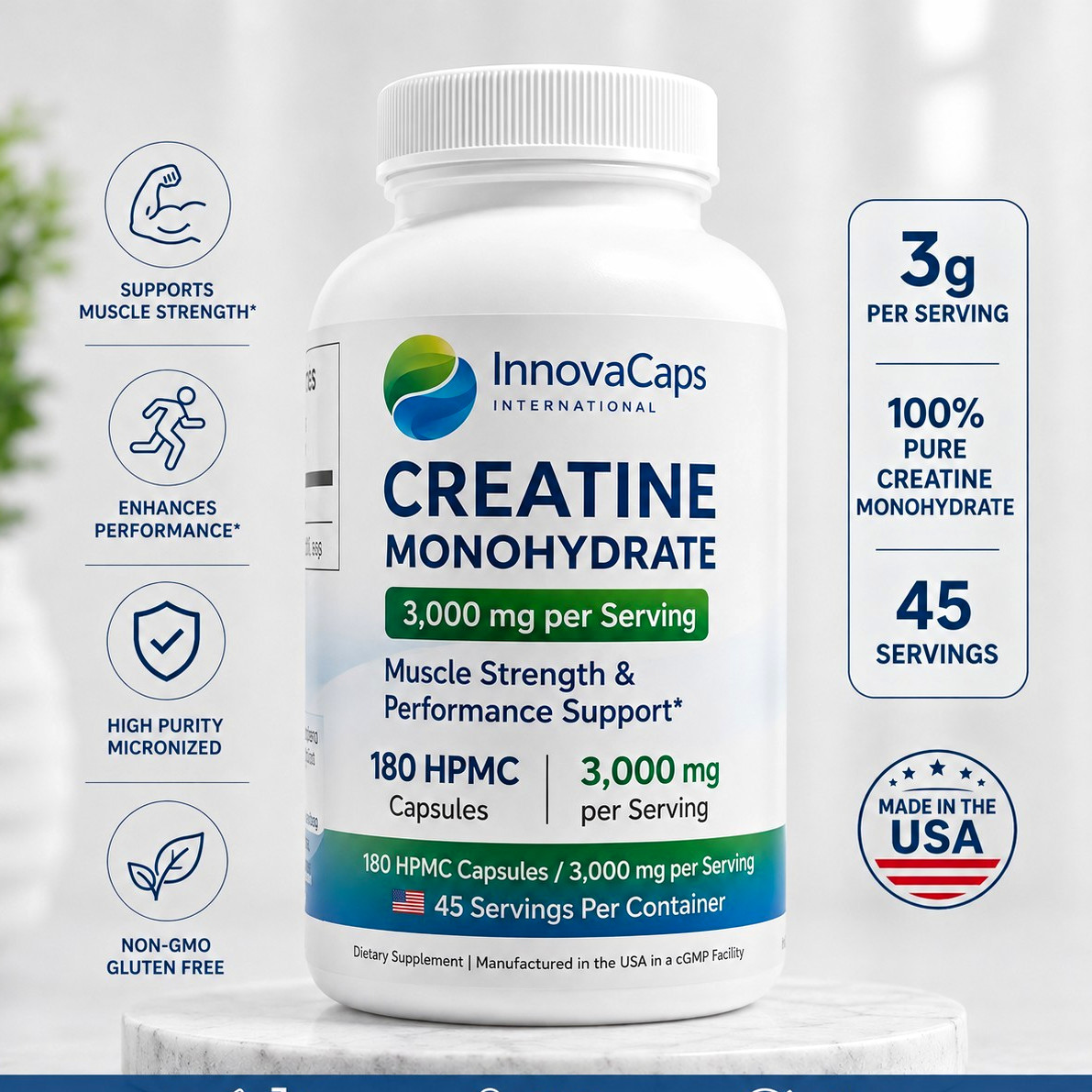 InnovaCaps International Creatine Monohydrate Capsules 3000mg 180 Non-GMO