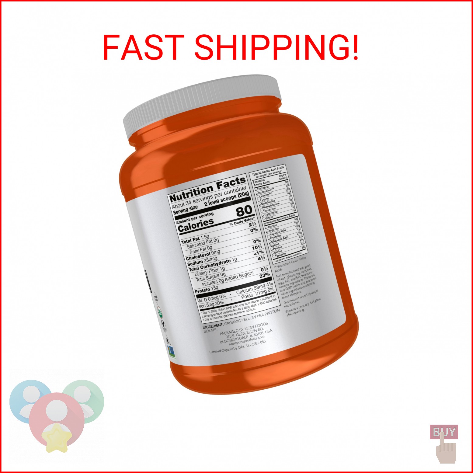 NOW Foods Sports Nutrition, Certified Organic Pea Protein 15 Grams, Unflavored P
