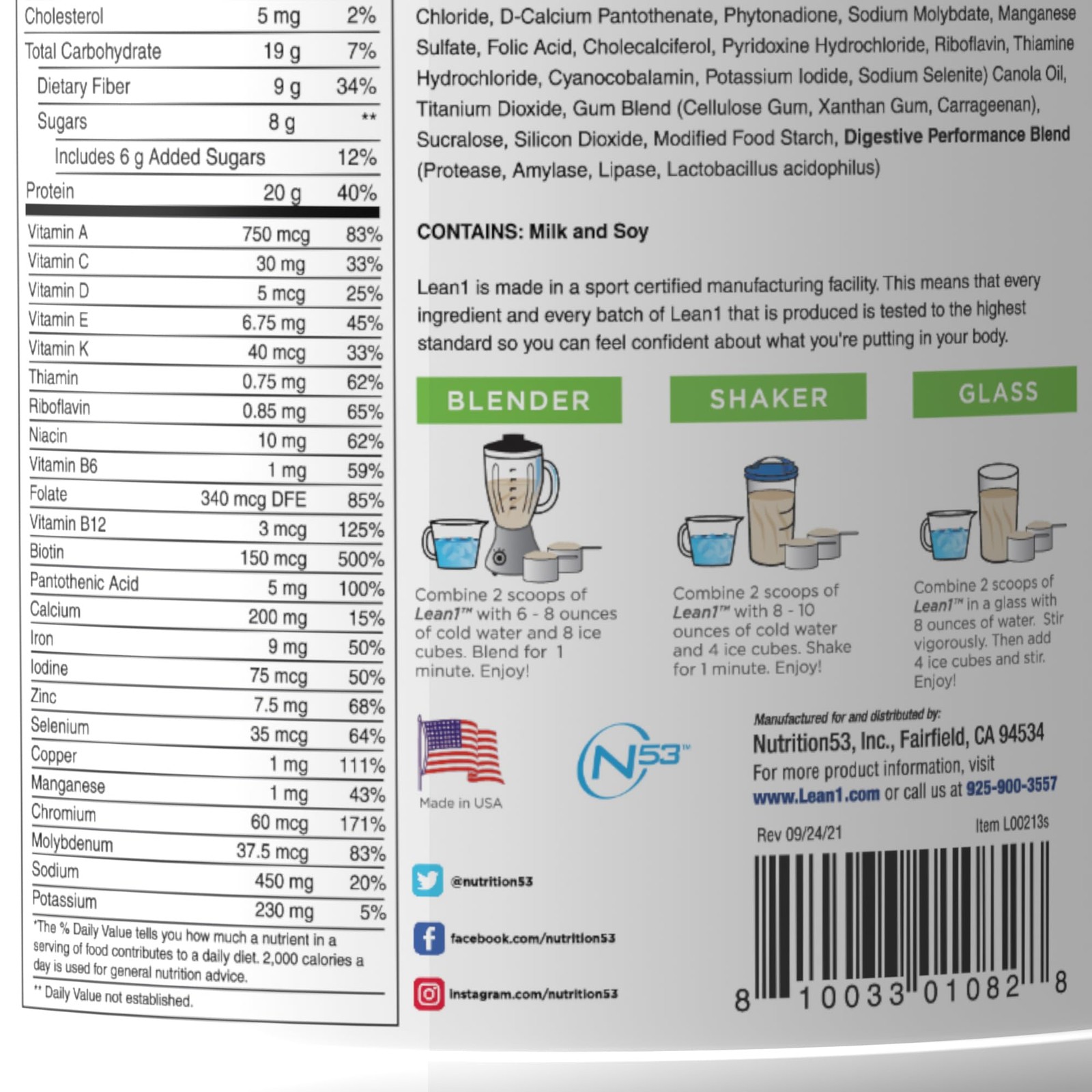 Lean1 Vanilla Meal Replacement Protein Shake Powder 15 Servings Weight Loss