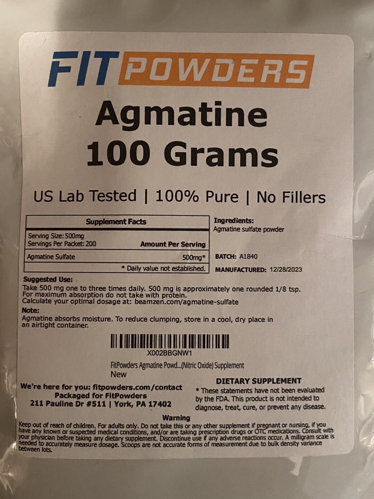 Agmatine Sulfate Powder 4 PACK – 100 Grams BRAND NEW With Dosage Scoop