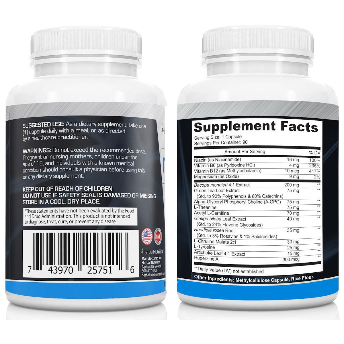 Brain Booster Supplement for Brain and Memory Cognition, Bacopa, Huperzine 90 Ct