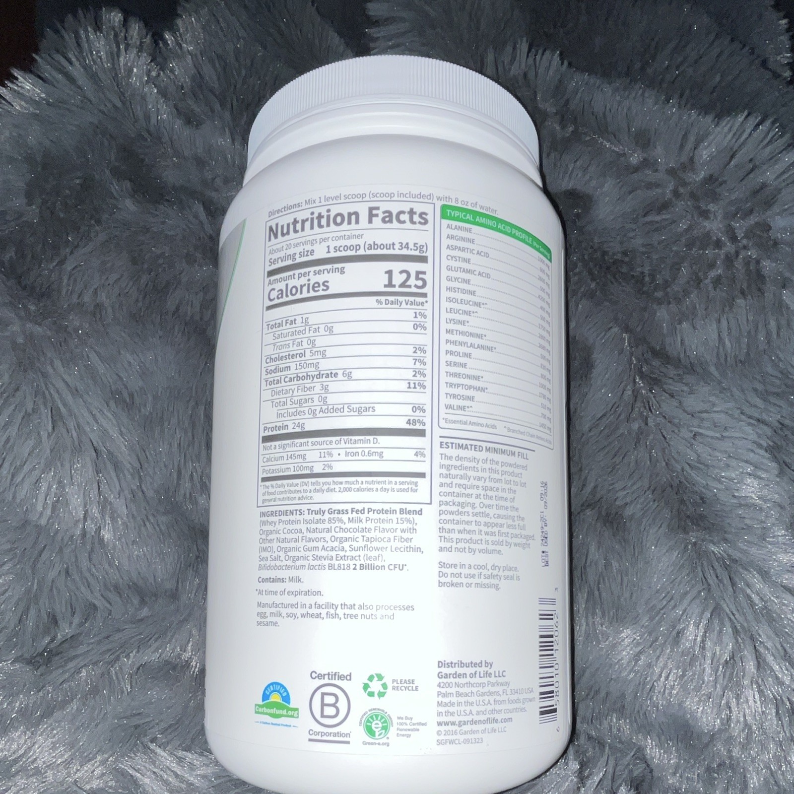 Garden of Life Sport Grass Fed Whey Protein Chocolate Certified Organic 24.3oz