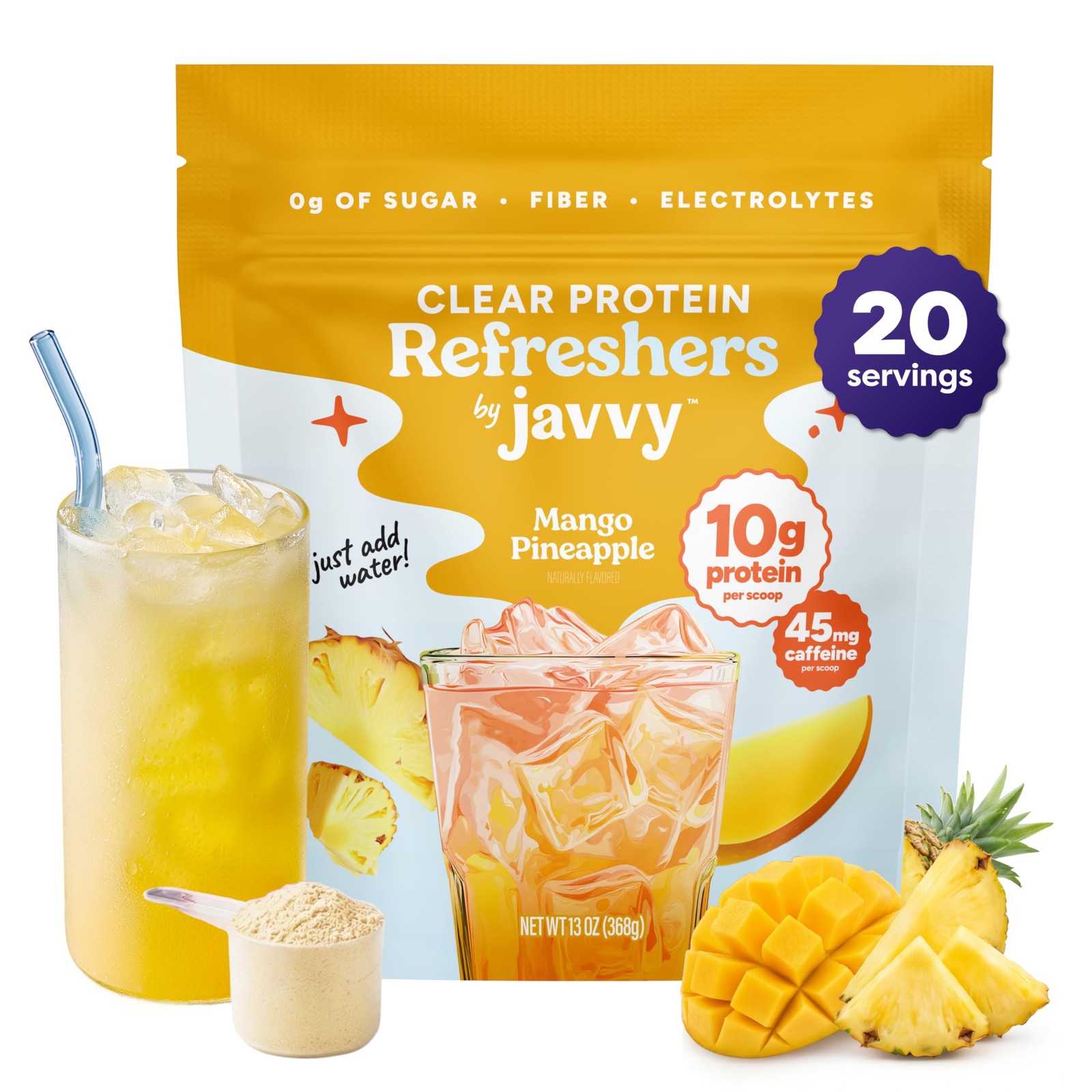 Javvy Clear Protein Refresher Drink 20 Servings, Pineapple Mango Burst (Old)