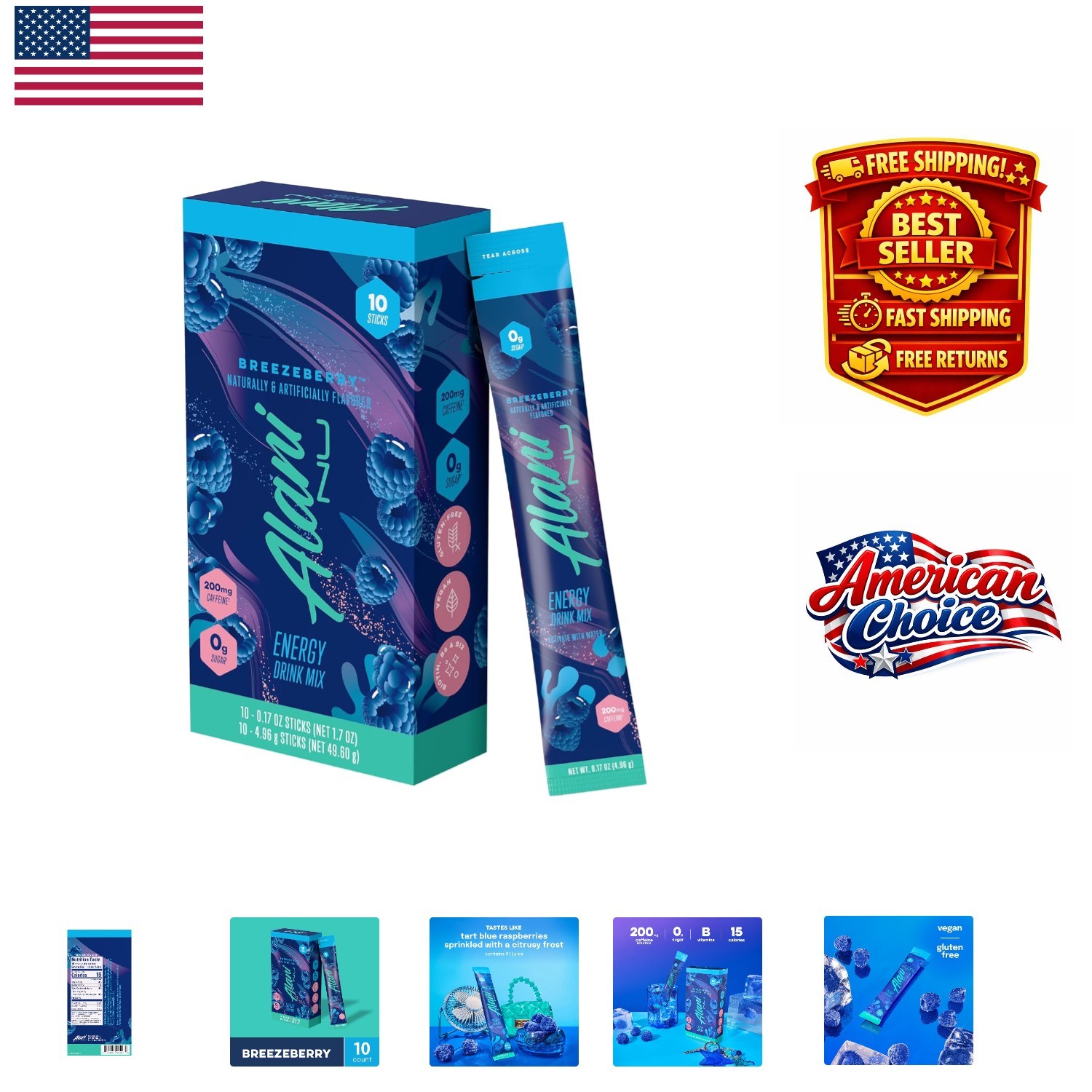 200mg Caffeine BREEZEBERRY Energy Drink Mix – , Antioxidants, 10 Sticks