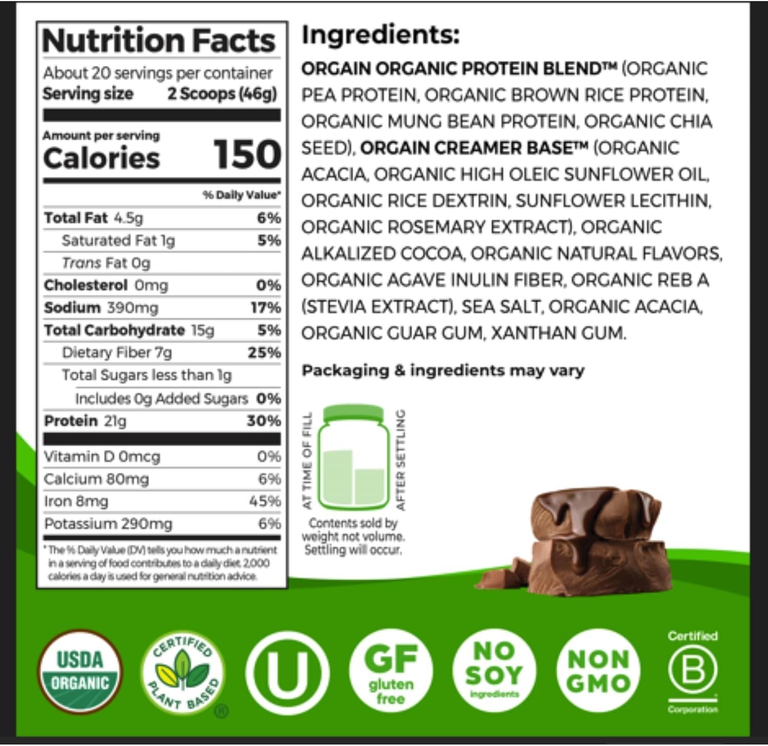 Orgain Organic Vegan Protein Powder, Vanilla Bean + Chocolate Fudge – 21g Plant