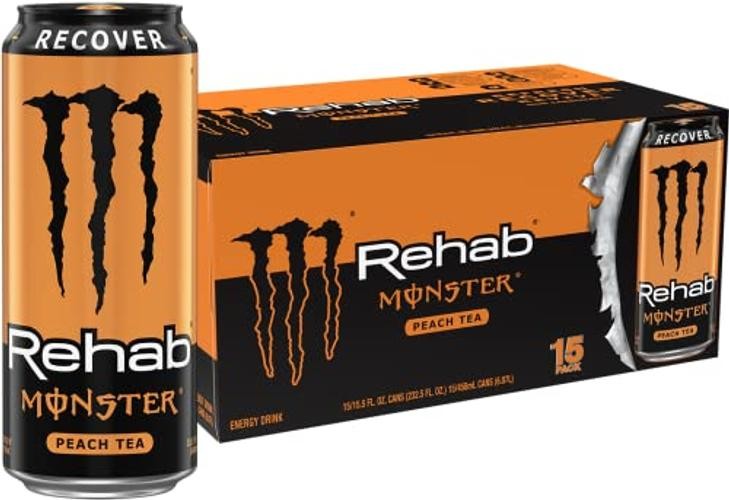 Rehab + Energy, Energy Drink, 15.5 Ounce | Energy Iced Tea, 15 Pack Peach Tea