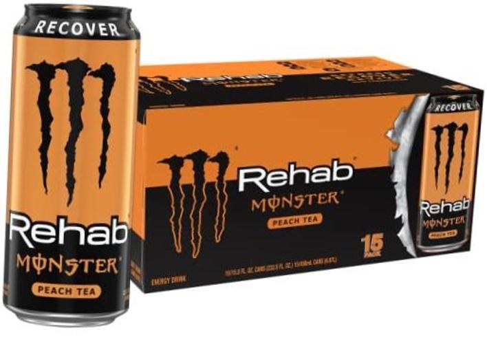 Rehab + Energy, Energy Drink, 15.5 Ounce | Energy Iced Tea, 15 Pack Peach Tea