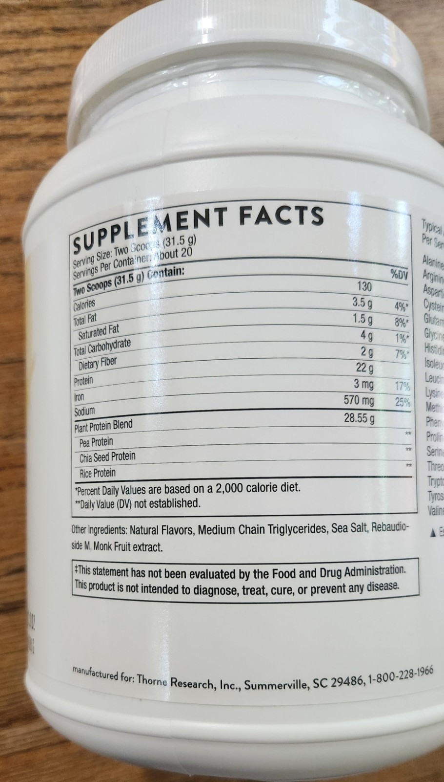 Thorne Plant Protein Powder Vanilla Plant-Based Vegan ~20 Servings SP628