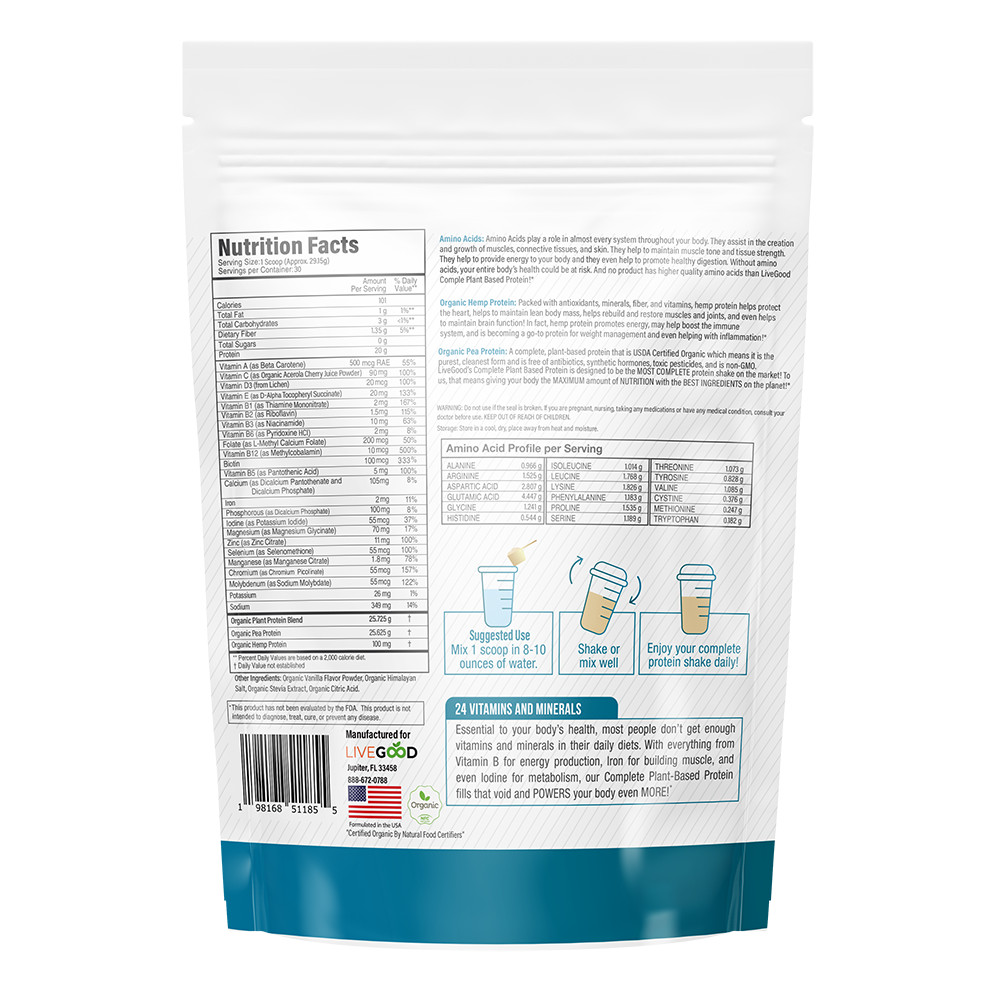 LiveGood Plant Based Protein Powder Pea Hemp Vanilla 30.8oz USDA Organic 30 Svgs