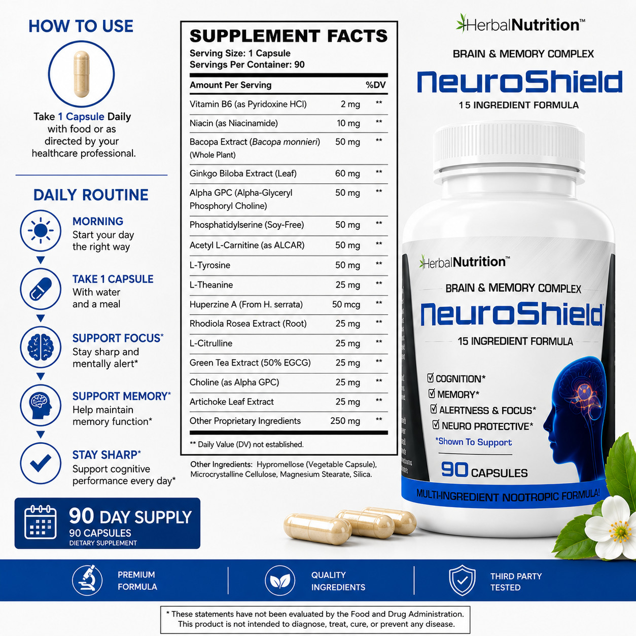 Brain Booster Supplement Memory, Focus, Bacopa, Huperzine & More 90 Caps 3 Pack