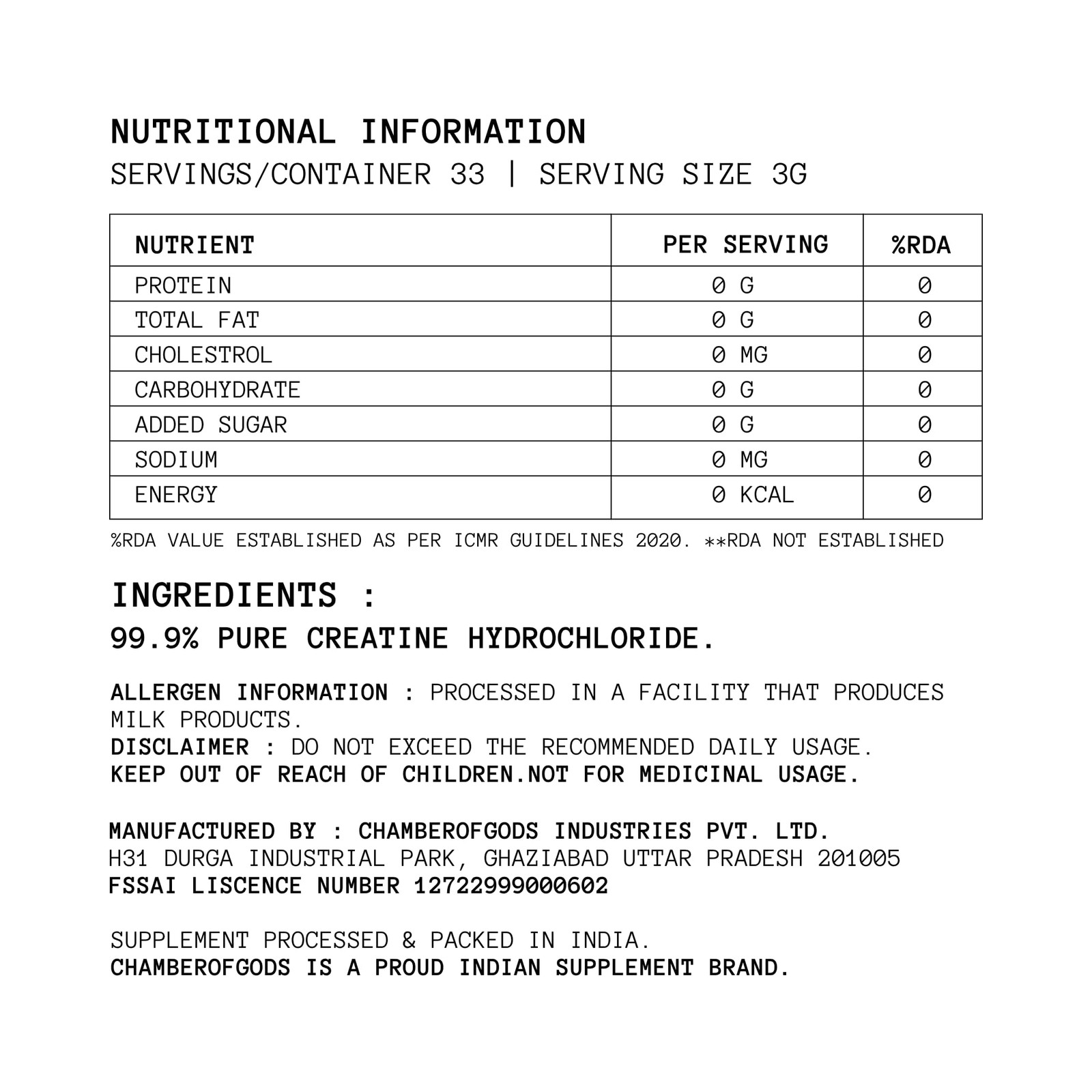 Chamberofgods Creatine HCL | 100% Pure Unflavoured | 83 Servings