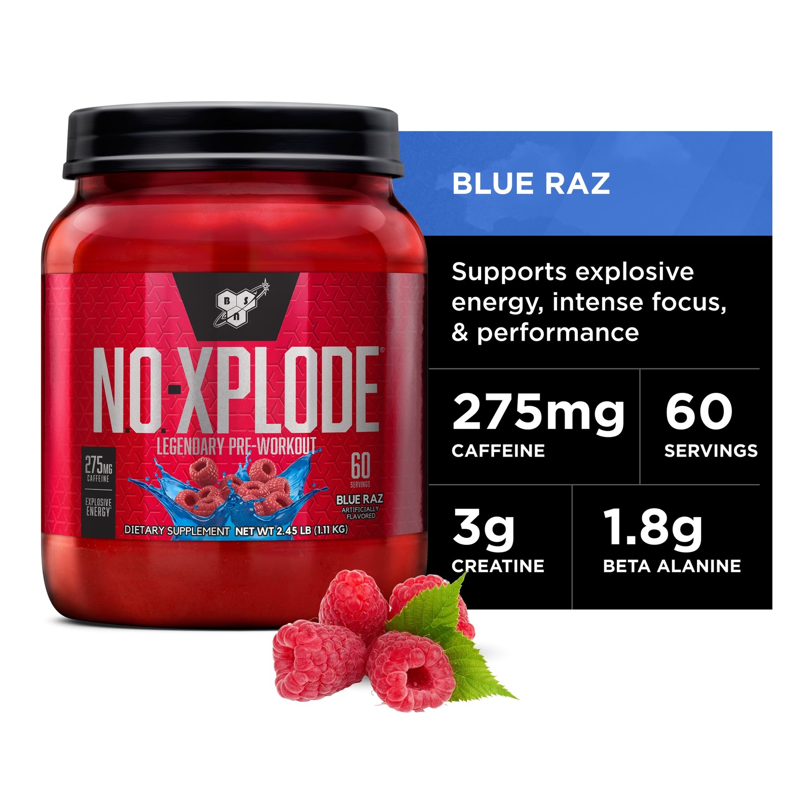 N.O. Xplode Pre-Workout Supplement with Creatine, Beta-Alanine, and Energy, Blue