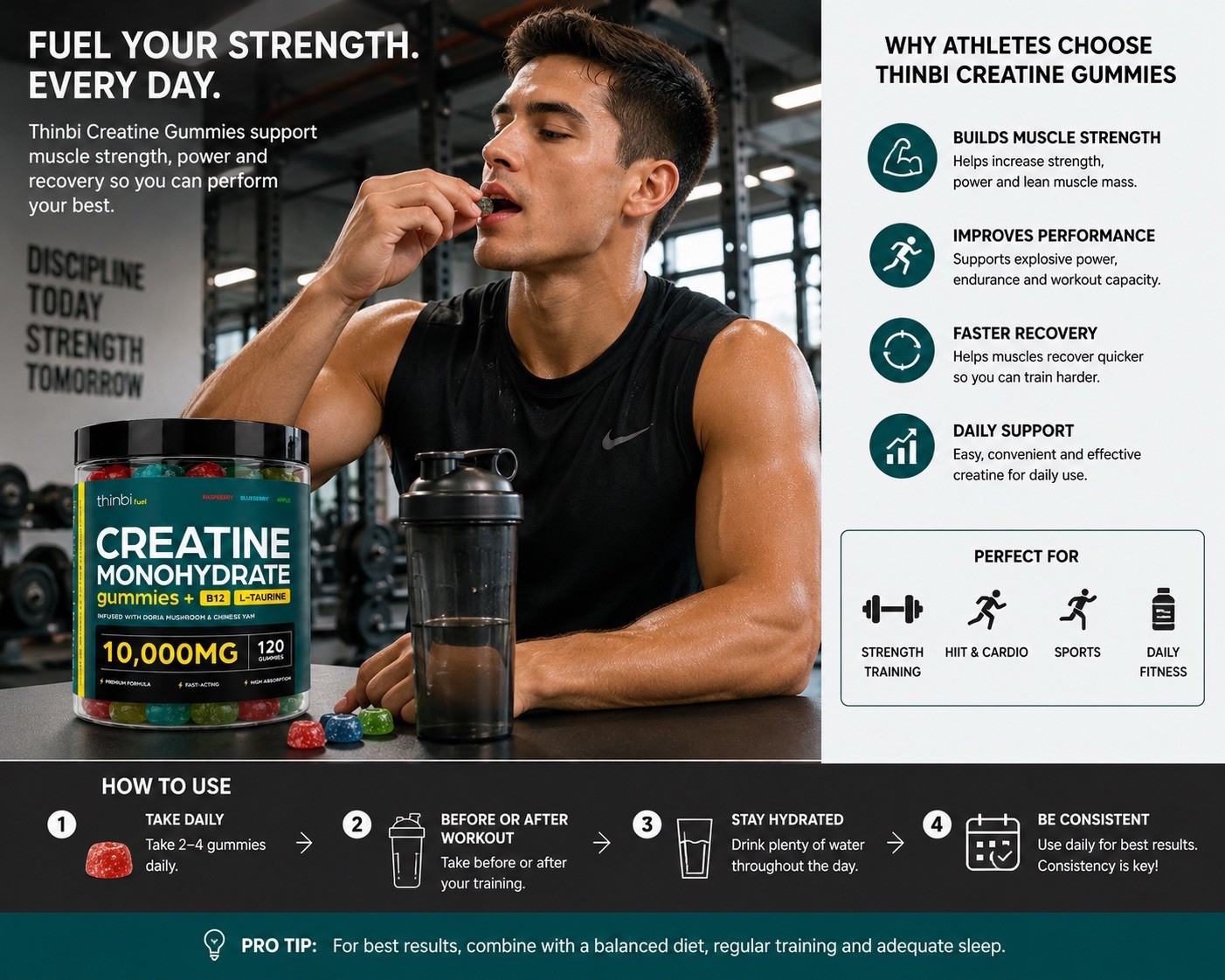thinbi fuel Creatine Gummies B12 L-Taurine 10,000mg 120ct Raspberry/Blueberry