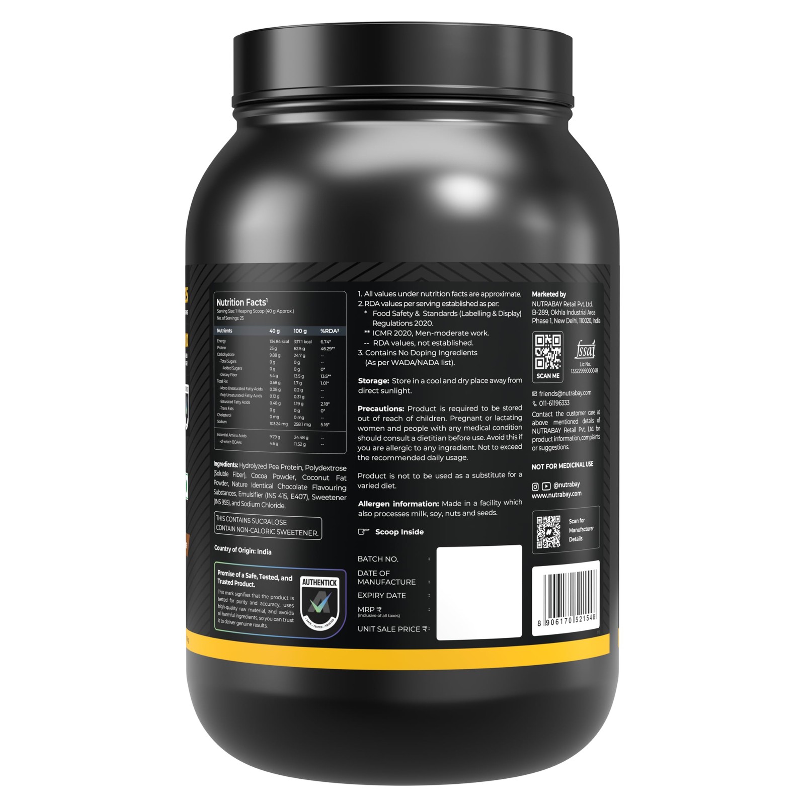 NUTRABAY Gold Pea Protein Powder 1kg – Rich Chocolate Cr�me, 25g Protein