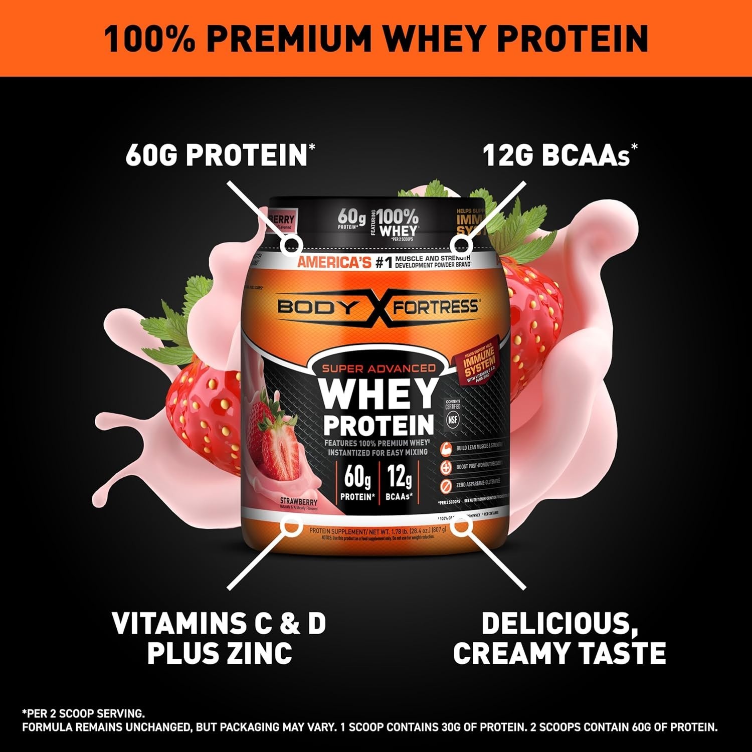 Body Fortress Super Advanced Whey Protein Powder, Strawberry, 1.78 lbs