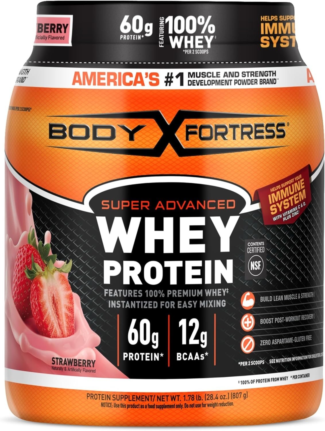 Body Fortress Super Advanced Whey Protein Powder, Strawberry, 1.78 lbs