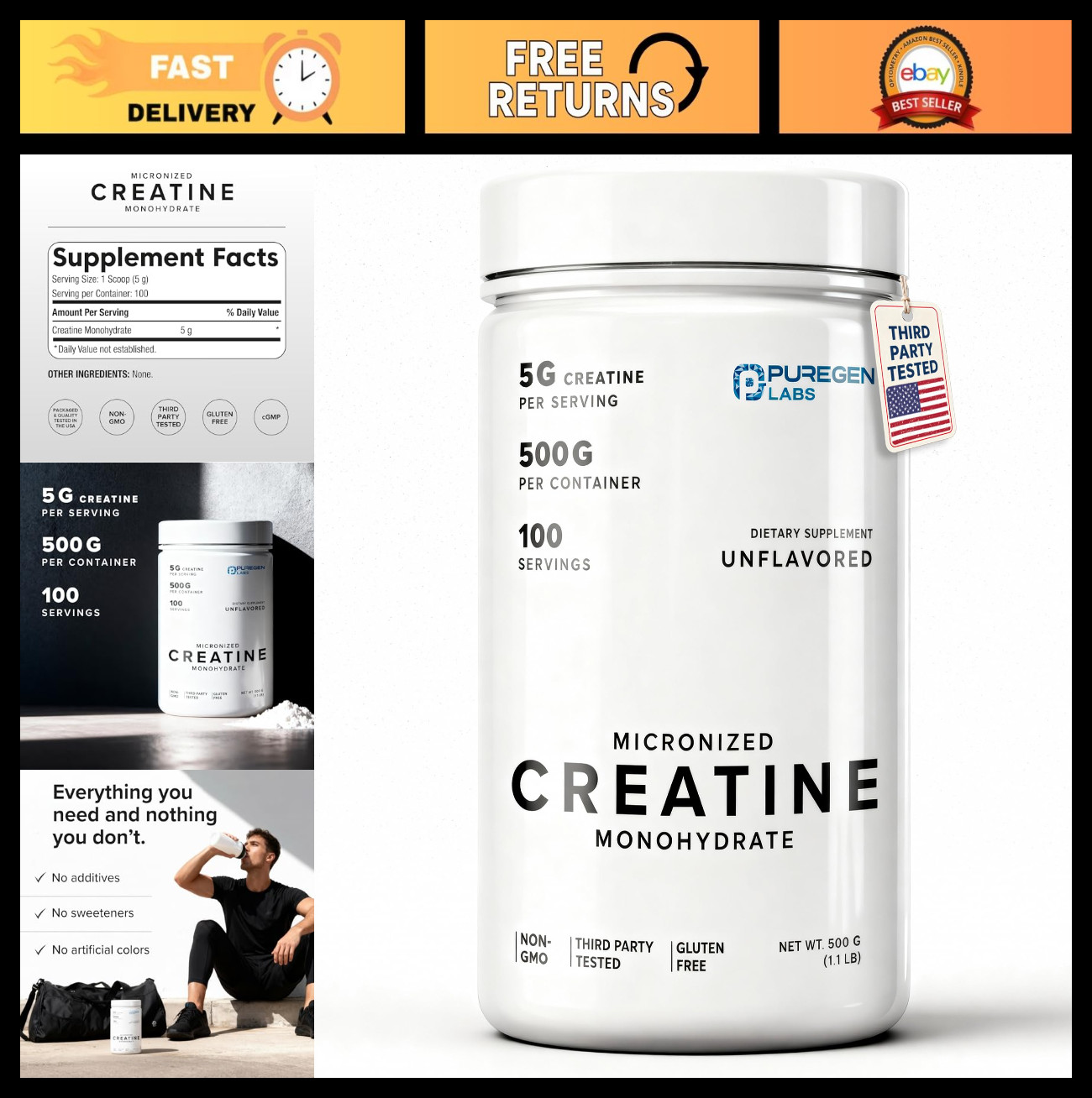 Micronized Creatine Monohydrate Powder 500g – Pure Unflavored, No Additives, 100