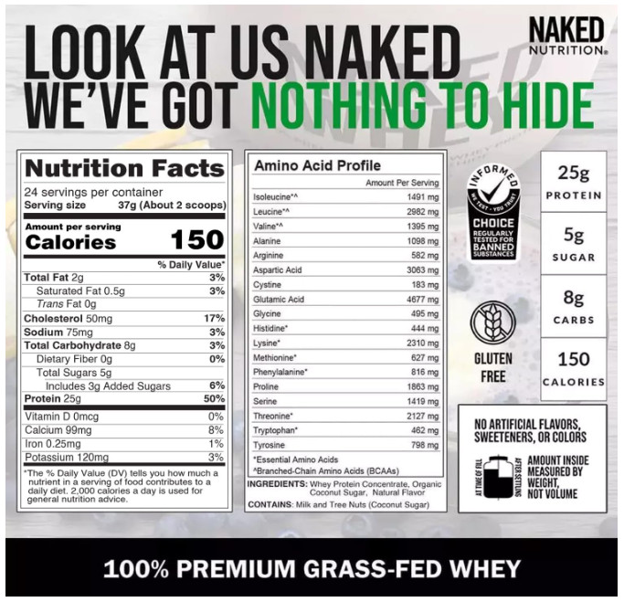 Naked Whey Vanilla Protein 24Sv Grass Fed NSF Gluten Free