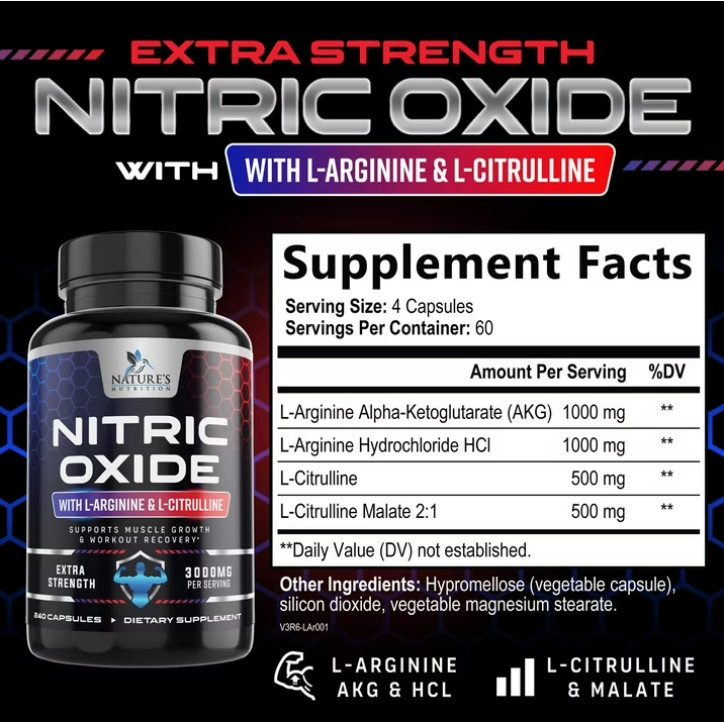 Nitric Oxide Booster 3000mg L-Arginine 3X Extra Strength Capsules