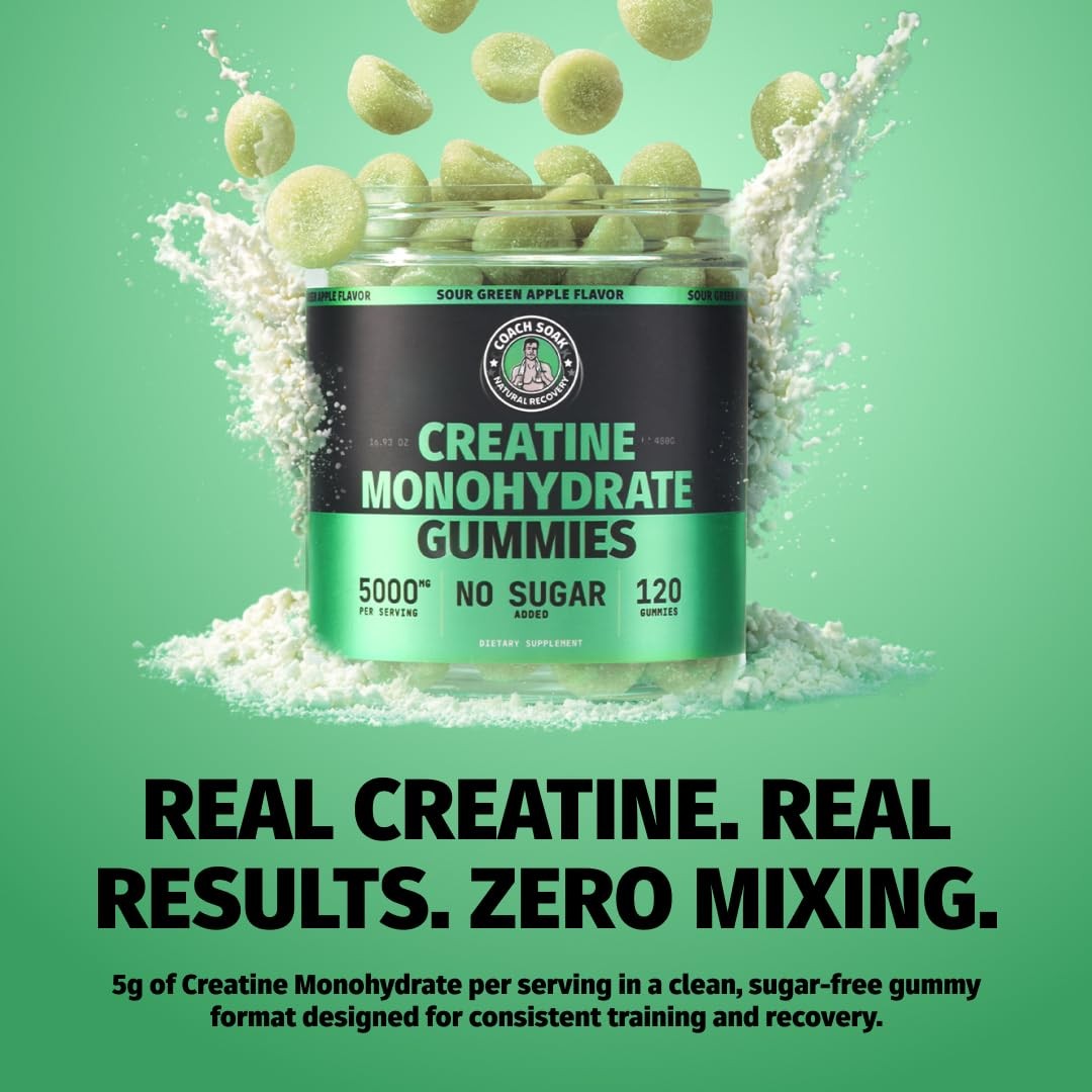 Coach Soak Creatine Monohydrate Gummies 5g Sour Green Apple Vegan 120 Count