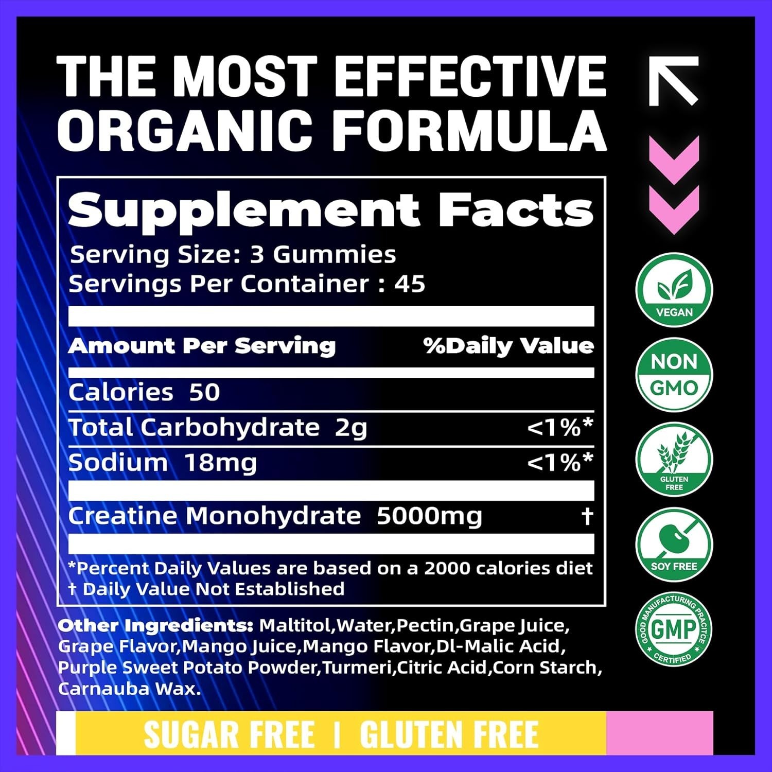 Delicious Muscle Growth Gummies – 5g Creatine Monohydrate, 135 Count, Sugar-Free