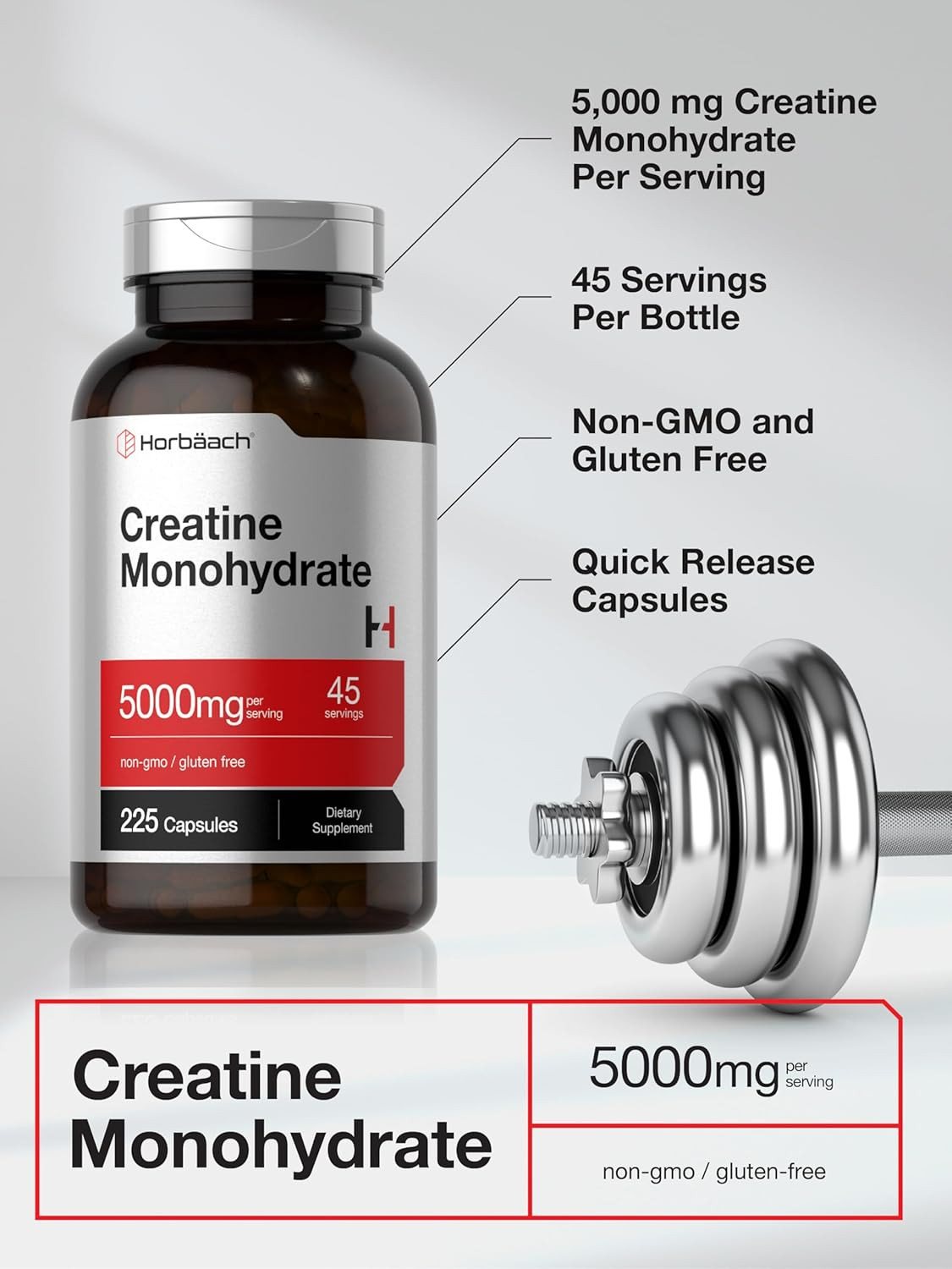 Creatine Monohydrate 5g | 225 Capsules | Non-GMO | Gluten Free Supplement
