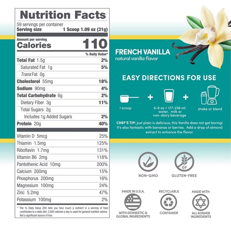 Designer Whey French Vanilla Protein Powder 64oz Gluten-Free Non-GMO 20g Protein