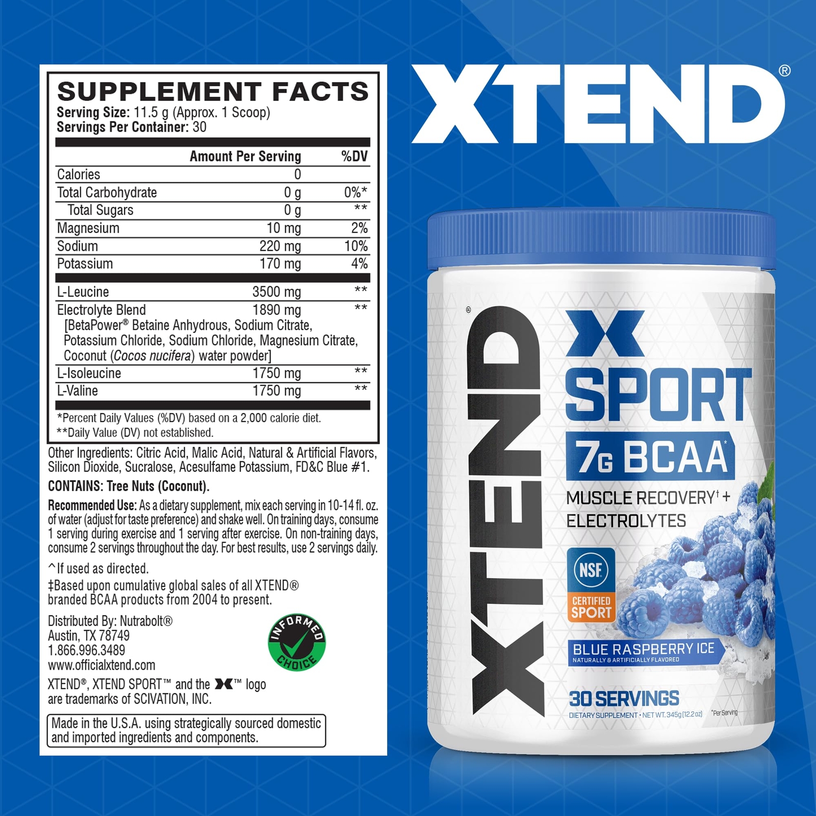 XTEND BCAA Powder Blue Raspberry Ice 30 Servings Sugar Free Muscle Recovery
