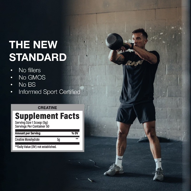 RAW Nutrition Essential 100% Pure Creatine Monohydrate Powder, 50 Servings