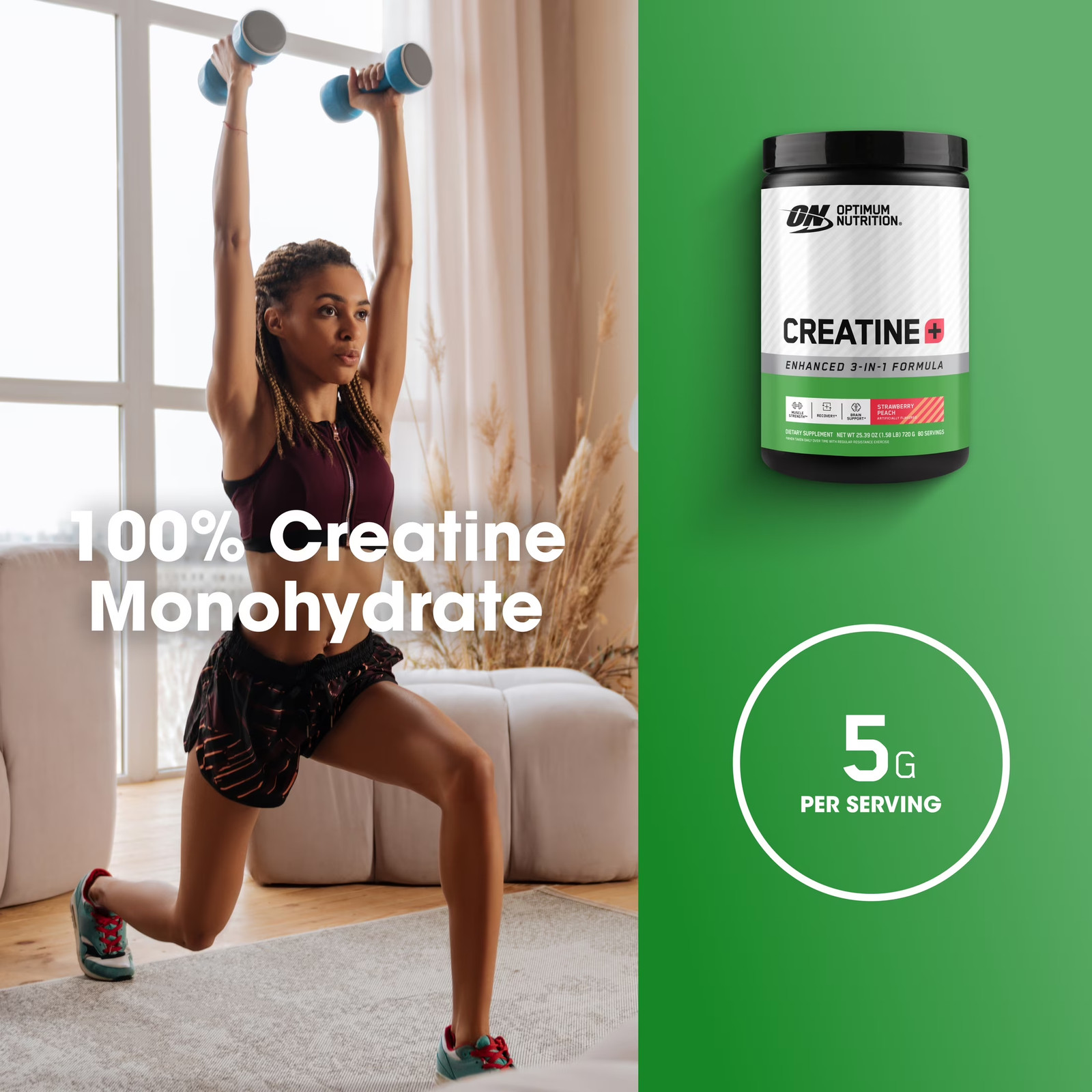 Optimum Nutrition Creatine Monohydrate plus Powder, Strawberry Peach Flavored Cr