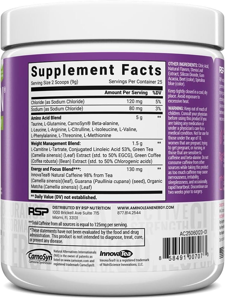 Naturally Sweetened AminoLean Pre Workout – Acai Flavor, 25 Servings, Zero Sugar