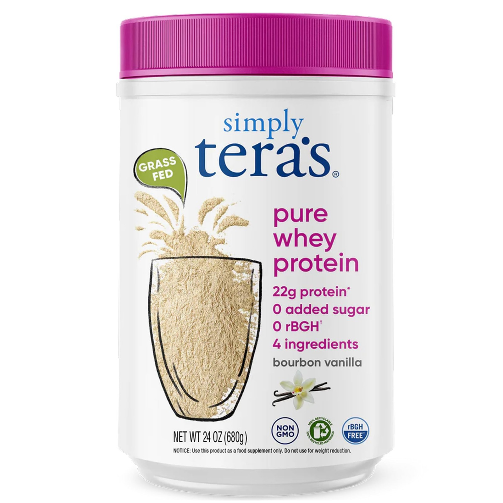 Simply tera’s Pure Whey Protein Powder Bourbon Vanilla Soy-Free 24 Oz