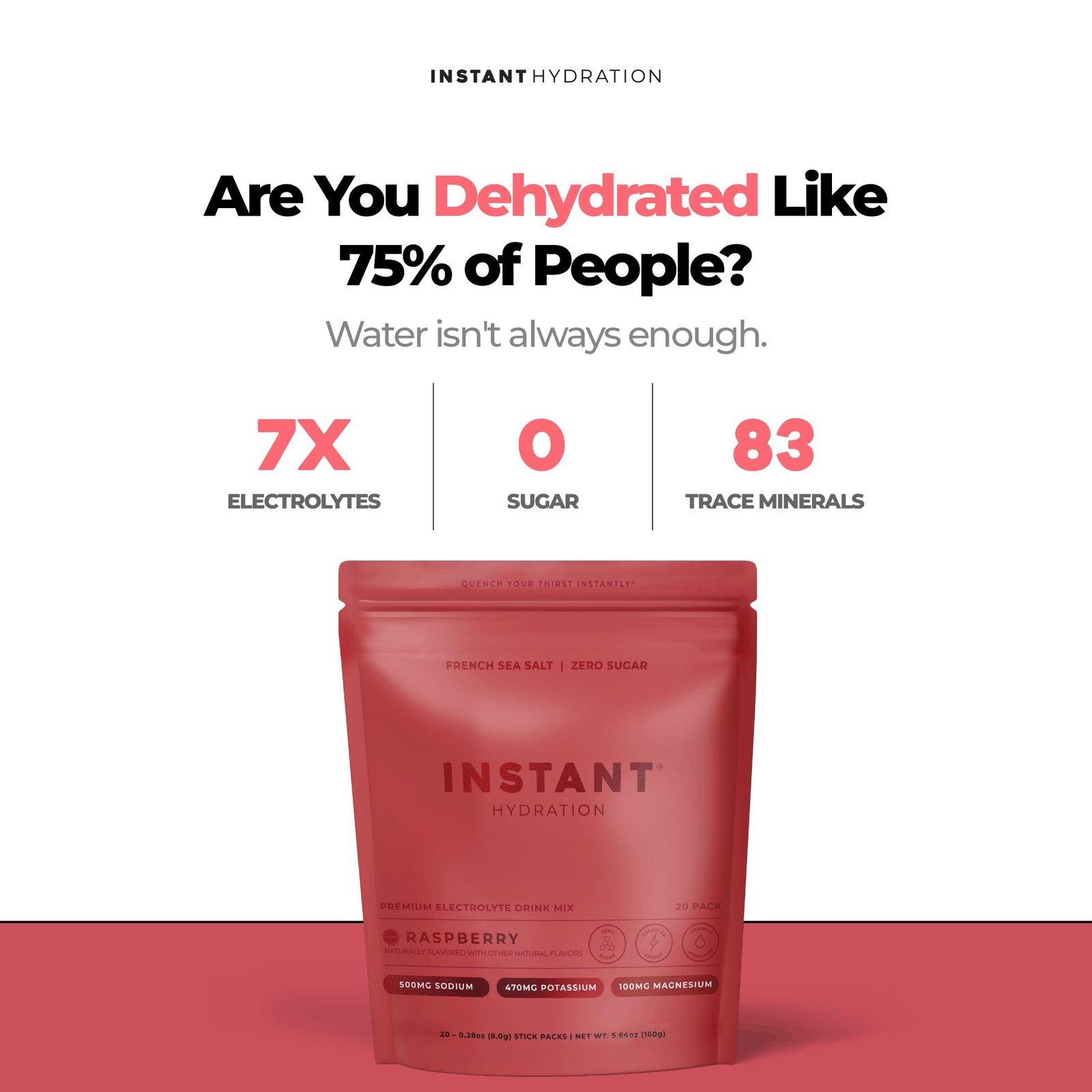 Instant Hydration Electrolyte Powder Sugar Free Raspberry 1220mg 20 Count