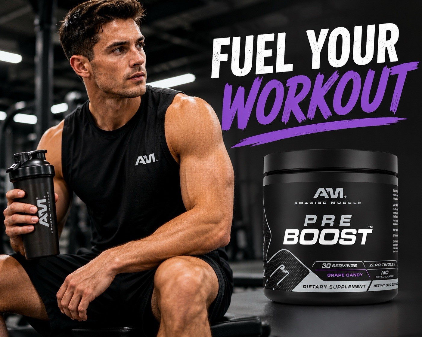 Amazing Muscle Pre Boost Pre Workout Grape Candy 30 Servings Energy Powder